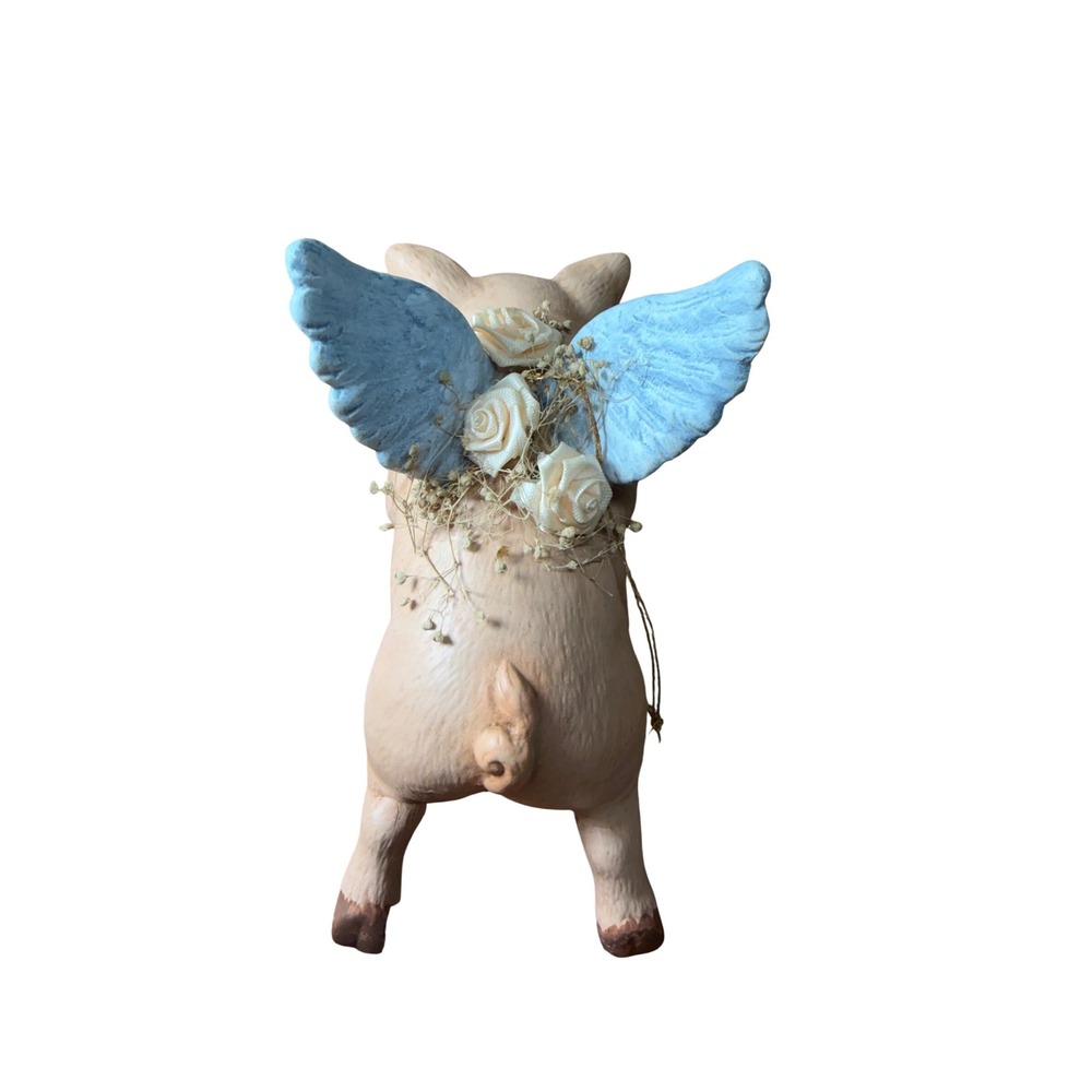 Vintage Style Flying Pig Figurine with Blue Wings and Roses Ornament Decor